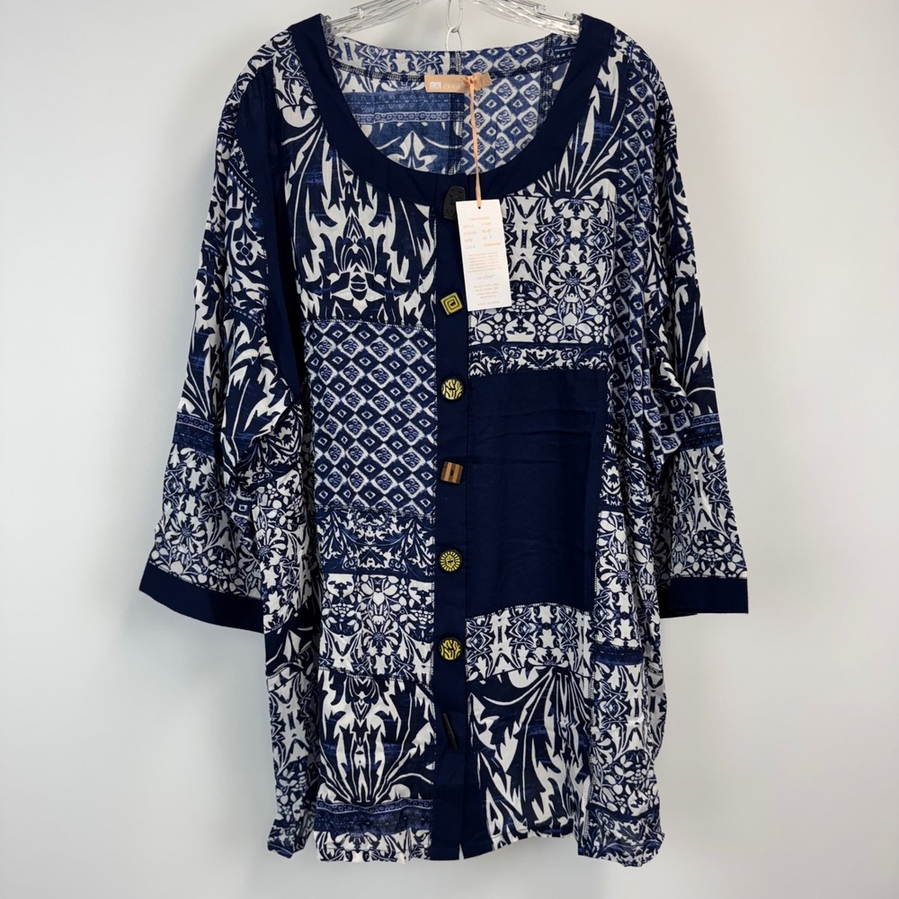 La‎ Cera Womens Blue Patchwork Damask Rayon Tunic Top Plus Size 2X 5745X NEW